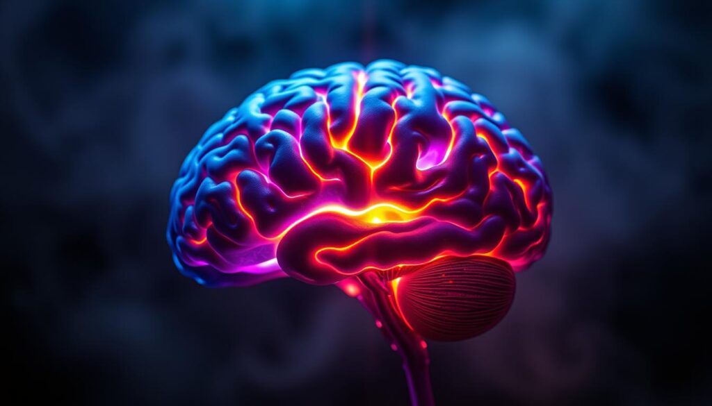 A captivating brain scan during deep hypnosis, showcasing vibrant waves of neural activity. The foreground features a detailed anatomical cross-section of the human brain, with intricate cerebral structures pulsing with vivid hues of blues, purples, and greens. The middle ground reveals a glowing, ethereal energy field surrounding the brain, symbolizing the altered state of consciousness. The background is shrouded in a soft, dreamlike mist, creating a sense of tranquility and focus. Dramatic chiaroscuro lighting casts dramatic shadows, accentuating the cerebral undulations. Captured with a high-resolution, macro lens to highlight the mesmerizing intricacies of the brain's electrical rhythms during hypnosis. A captivating brain scan during deep hypnosis, showcasing vibrant waves of neural activity. The foreground features a detailed anatomical cross-section of the human brain, with intricate cerebral structures pulsing with vivid hues of blues, purples, and greens. The middle ground reveals a glowing, ethereal energy field surrounding the brain, symbolizing the altered state of consciousness. The background is shrouded in a soft, dreamlike mist, creating a sense of tranquility and focus. Dramatic chiaroscuro lighting casts dramatic shadows, accentuating the cerebral undulations. Captured with a high-resolution, macro lens to highlight the mesmerizing intricacies of the brain's electrical rhythms during hypnosis.