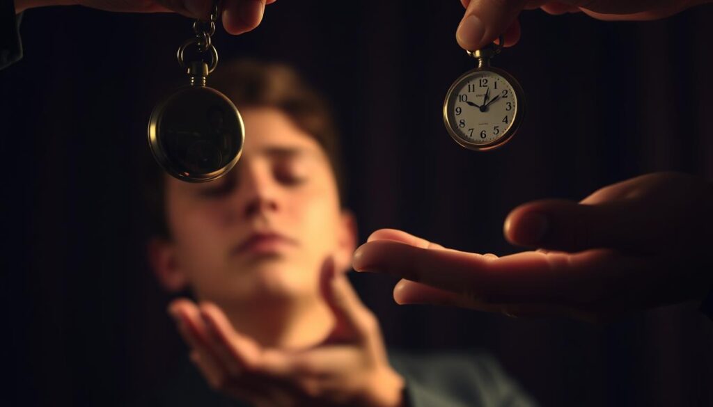 A dimly lit room, a hypnotist's swinging pocket watch casting a mesmerizing spell. In the foreground, a person's face in a trance-like state, eyes half-closed, expression serene. The middle ground features a hypnotist's hands, fingers outstretched, gently guiding the subject into a deeper state of relaxation. The background is blurred, hinting at the power of the hypnotic ritual, creating an atmosphere of mystery and intrigue. Soft, warm lighting illuminates the scene, casting a subtle glow and emphasizing the intimate connection between the hypnotist and the subject. The overall mood is one of trust, tranquility, and the subversion of conscious control. A dimly lit room, a hypnotist's swinging pocket watch casting a mesmerizing spell. In the foreground, a person's face in a trance-like state, eyes half-closed, expression serene. The middle ground features a hypnotist's hands, fingers outstretched, gently guiding the subject into a deeper state of relaxation. The background is blurred, hinting at the power of the hypnotic ritual, creating an atmosphere of mystery and intrigue. Soft, warm lighting illuminates the scene, casting a subtle glow and emphasizing the intimate connection between the hypnotist and the subject. The overall mood is one of trust, tranquility, and the subversion of conscious control.