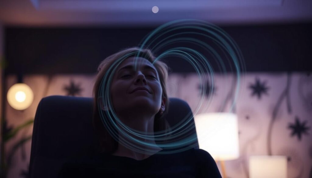 A dimly lit room, a subject sitting in a comfortable chair, their eyes closed in a state of deep relaxation. Soft, soothing lights gently illuminate their face, creating a calming, hypnotic atmosphere. The background is blurred, with subtle hints of abstract patterns and shapes, symbolizing the subconscious mind. A swirling, mesmerizing pattern, like a hypnotic spiral, hovers in the foreground, drawing the viewer's attention and suggesting the power of trust-based hypnosis. The overall tone is one of tranquility, introspection, and the surrender of control, conveying the unique nature of this specialized hypnosis technique. A dimly lit room, a subject sitting in a comfortable chair, their eyes closed in a state of deep relaxation. Soft, soothing lights gently illuminate their face, creating a calming, hypnotic atmosphere. The background is blurred, with subtle hints of abstract patterns and shapes, symbolizing the subconscious mind. A swirling, mesmerizing pattern, like a hypnotic spiral, hovers in the foreground, drawing the viewer's attention and suggesting the power of trust-based hypnosis. The overall tone is one of tranquility, introspection, and the surrender of control, conveying the unique nature of this specialized hypnosis technique.