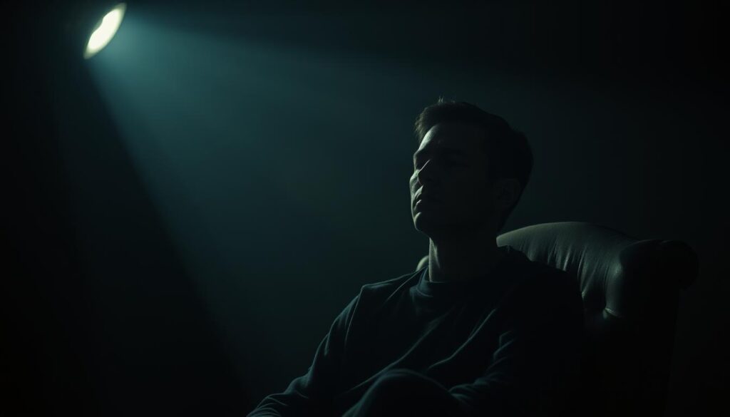 A dimly lit room, shadows cast across the walls, a single spotlight illuminating a figure seated in a chair, eyes closed, lost in the depths of their own mind. Muted colors, a hazy atmosphere, as if the scene is shrouded in a veil of forgotten memories. The figure's expression is one of tension, brow furrowed, lips pressed together, a sense of unease and uncertainty. In the background, a faint outline of a hypnotist's pocket watch, gently swaying, a symbol of the subconscious and the power of the mind. The overall composition evokes a sense of introspection, a journey into the recesses of the psyche, where repressed memories lie dormant, waiting to be uncovered. A dimly lit room, shadows cast across the walls, a single spotlight illuminating a figure seated in a chair, eyes closed, lost in the depths of their own mind. Muted colors, a hazy atmosphere, as if the scene is shrouded in a veil of forgotten memories. The figure's expression is one of tension, brow furrowed, lips pressed together, a sense of unease and uncertainty. In the background, a faint outline of a hypnotist's pocket watch, gently swaying, a symbol of the subconscious and the power of the mind. The overall composition evokes a sense of introspection, a journey into the recesses of the psyche, where repressed memories lie dormant, waiting to be uncovered.