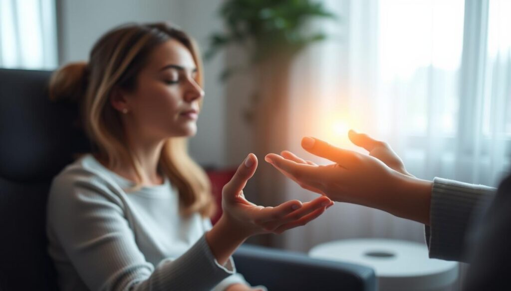 A serene and dimly lit therapy room, with a client sitting in a comfortable chair, eyes closed, as a hypnotherapist gently guides them through a visualization to overcome their fear. The client's face is relaxed, and a soft, warm glow emanates from the hypnotherapist's hands, symbolizing the calming and transformative power of the session. The background is blurred, creating a sense of focus and depth, while the lighting is subtle, creating a sense of intimacy and trust. The overall scene conveys a feeling of safety, empowerment, and the client's journey towards conquering their fears through the help of hypnotherapy. A serene and dimly lit therapy room, with a client sitting in a comfortable chair, eyes closed, as a hypnotherapist gently guides them through a visualization to overcome their fear. The client's face is relaxed, and a soft, warm glow emanates from the hypnotherapist's hands, symbolizing the calming and transformative power of the session. The background is blurred, creating a sense of focus and depth, while the lighting is subtle, creating a sense of intimacy and trust. The overall scene conveys a feeling of safety, empowerment, and the client's journey towards conquering their fears through the help of hypnotherapy.