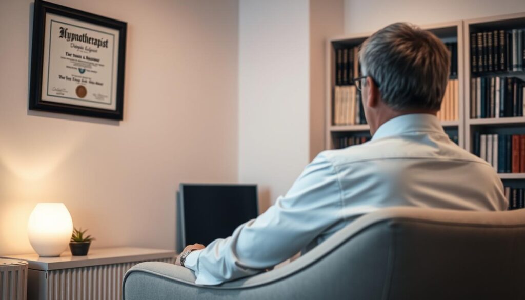 A serene and professional office setting, with a hypnotherapist's diploma framed on the wall. A comfortable armchair in the foreground, inviting the client to relax. Soft, indirect lighting casts a warm glow, creating an atmosphere of trust and tranquility. The hypnotherapist, dressed in a crisp, white shirt, sits across from the client, their gaze calm and attentive. The background features bookshelves filled with volumes on psychology and healing, conveying the practitioner's expertise and dedication to their craft. A sense of security and guidance pervades the scene, encouraging the viewer to seek out a qualified hypnotherapist for their journey. A serene and professional office setting, with a hypnotherapist's diploma framed on the wall. A comfortable armchair in the foreground, inviting the client to relax. Soft, indirect lighting casts a warm glow, creating an atmosphere of trust and tranquility. The hypnotherapist, dressed in a crisp, white shirt, sits across from the client, their gaze calm and attentive. The background features bookshelves filled with volumes on psychology and healing, conveying the practitioner's expertise and dedication to their craft. A sense of security and guidance pervades the scene, encouraging the viewer to seek out a qualified hypnotherapist for their journey.