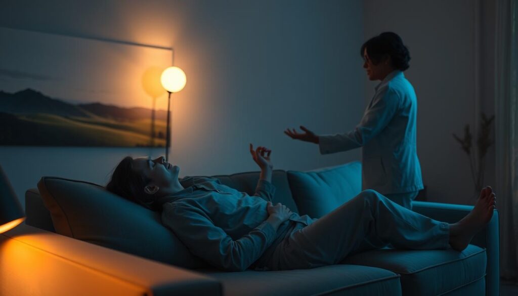 A serene, dimly lit room with a hypnotherapist guiding a patient into a state of deep relaxation. The patient reclines on a plush couch, eyes gently closed, as the therapist stands beside them, hands raised in a calming gesture. Soft ambient lighting casts a soothing glow, creating an atmosphere of safety and trust. In the background, subtle imagery of nature - rolling hills, a calming lake, or a starry sky - evokes a sense of tranquility and mindfulness. The overall scene conveys the transformative power of hypnotherapy in conquering fears and phobias, guiding the patient towards self-discovery and inner peace. A serene, dimly lit room with a hypnotherapist guiding a patient into a state of deep relaxation. The patient reclines on a plush couch, eyes gently closed, as the therapist stands beside them, hands raised in a calming gesture. Soft ambient lighting casts a soothing glow, creating an atmosphere of safety and trust. In the background, subtle imagery of nature - rolling hills, a calming lake, or a starry sky - evokes a sense of tranquility and mindfulness. The overall scene conveys the transformative power of hypnotherapy in conquering fears and phobias, guiding the patient towards self-discovery and inner peace.