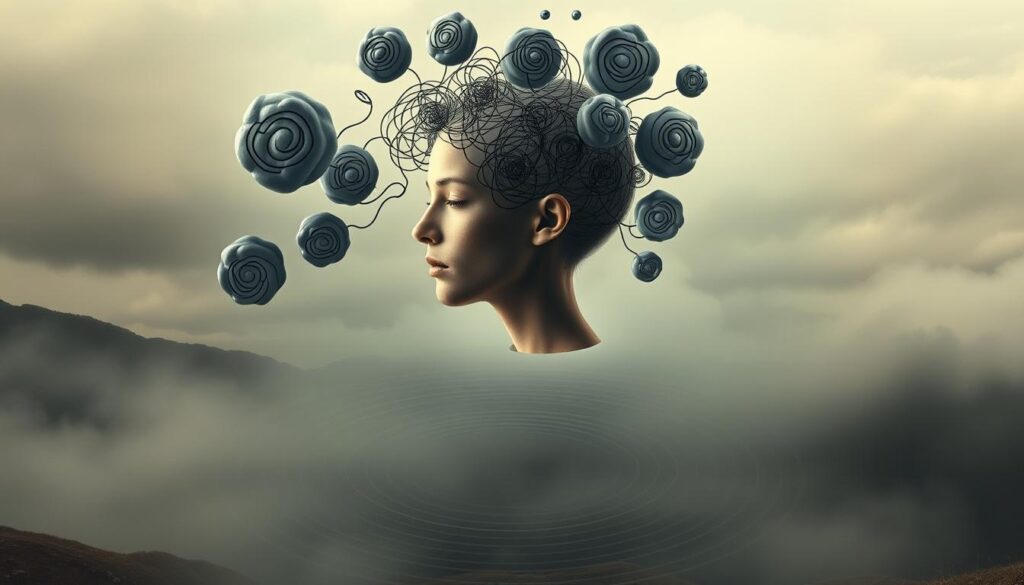 A surreal, dream-like scene of a human mind in the throes of overthinking. In the foreground, a floating, ethereal head with a pensive expression is surrounded by a swirling vortex of thought bubbles, each containing a tangled web of anxious, spiraling thoughts. The middle ground features a hypnotic, undulating pattern of concentric circles, representing the subconscious influence of overthinking. In the background, a hazy, atmospheric landscape with muted colors and soft, diffused lighting creates a sense of introspection and inner turmoil. The overall composition conveys the powerful, mind-controlling effect of excessive rumination. A surreal, dream-like scene of a human mind in the throes of overthinking. In the foreground, a floating, ethereal head with a pensive expression is surrounded by a swirling vortex of thought bubbles, each containing a tangled web of anxious, spiraling thoughts. The middle ground features a hypnotic, undulating pattern of concentric circles, representing the subconscious influence of overthinking. In the background, a hazy, atmospheric landscape with muted colors and soft, diffused lighting creates a sense of introspection and inner turmoil. The overall composition conveys the powerful, mind-controlling effect of excessive rumination.