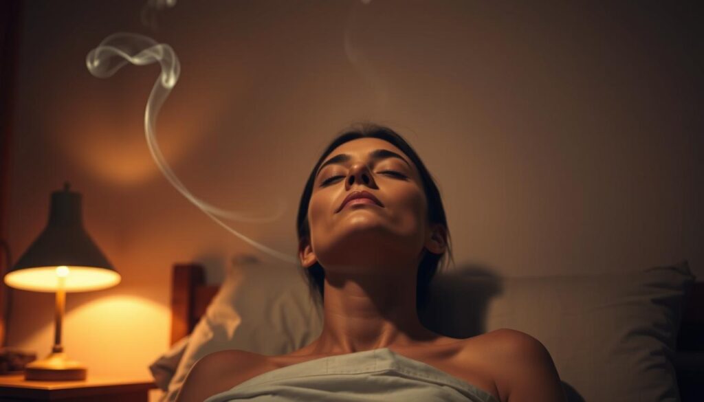 A tranquil bedroom scene with a person in a trance-like state, their eyes closed, as they focus inwardly. Soft, diffused lighting emanates from a bedside lamp, casting a warm glow that envelops the space. Wispy, ethereal tendrils of smoke drift lazily, hinting at the hypnotic atmosphere. The person's expression is serene, their features relaxed, suggesting a deep state of mental detachment and a willingness to let go of memories. The scene conveys a sense of introspection, a journey into the subconscious, and the power of the mind to selectively forget.