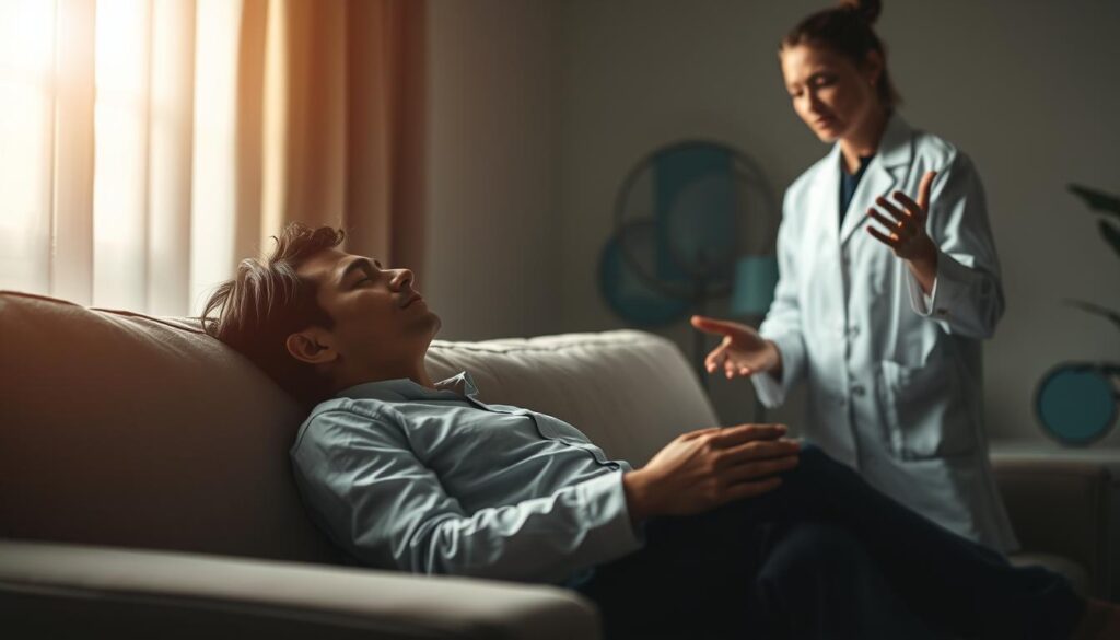 A dimly lit room, the patient reclines on a plush couch, eyes closed, as a therapist in a crisp white coat stands nearby, hands gently gesturing. Soft, warm lighting bathes the scene, creating an atmosphere of tranquility and trust. The therapist's expression is one of calm and focus, their gaze steady and reassuring. In the background, abstract shapes and patterns in soothing shades of blue and green evoke a sense of inner peace and mental clarity. The overall composition conveys the transformative power of hypnotherapy in managing the complexities of anxiety. A dimly lit room, the patient reclines on a plush couch, eyes closed, as a therapist in a crisp white coat stands nearby, hands gently gesturing. Soft, warm lighting bathes the scene, creating an atmosphere of tranquility and trust. The therapist's expression is one of calm and focus, their gaze steady and reassuring. In the background, abstract shapes and patterns in soothing shades of blue and green evoke a sense of inner peace and mental clarity. The overall composition conveys the transformative power of hypnotherapy in managing the complexities of anxiety.