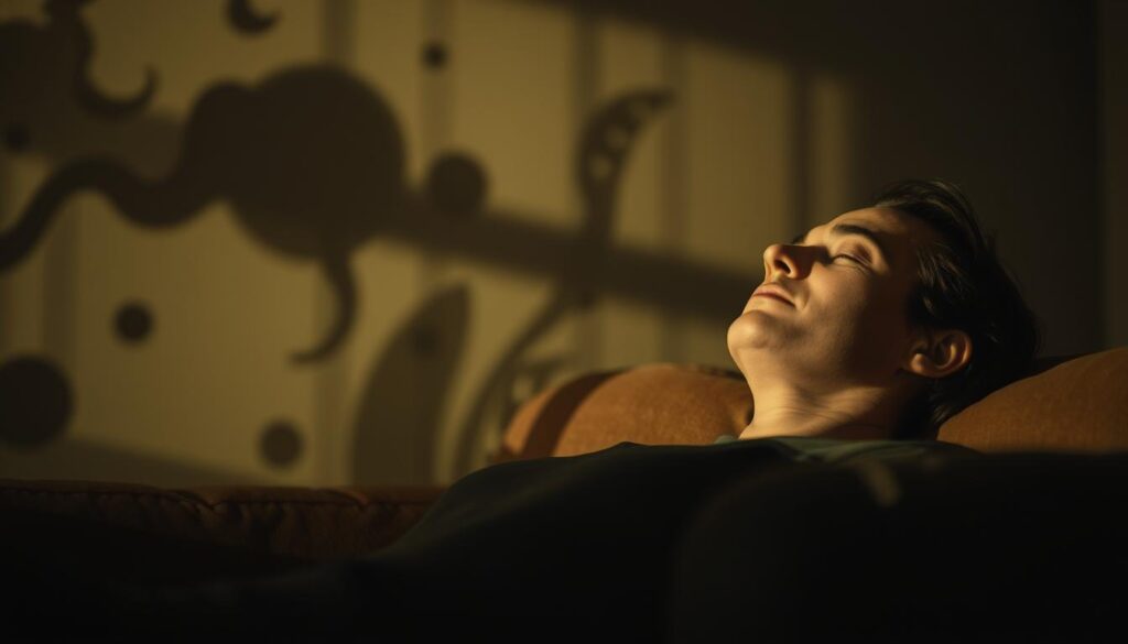A person in a dimly lit room, reclining on a comfortable sofa, their eyes gently closed as they undergo a state of deep, meditative relaxation. The lighting is soft and warm, creating an atmosphere of tranquility and calm. In the background, hazy silhouettes of abstract shapes and patterns gently pulse and flow, reflecting the soothing rhythms of the hypnotic trance. The person's expression is one of serenity and ease, as they surrender to the therapeutic power of the hypnotic session, finding relief from the burdens of anxiety and stress. A person in a dimly lit room, reclining on a comfortable sofa, their eyes gently closed as they undergo a state of deep, meditative relaxation. The lighting is soft and warm, creating an atmosphere of tranquility and calm. In the background, hazy silhouettes of abstract shapes and patterns gently pulse and flow, reflecting the soothing rhythms of the hypnotic trance. The person's expression is one of serenity and ease, as they surrender to the therapeutic power of the hypnotic session, finding relief from the burdens of anxiety and stress.