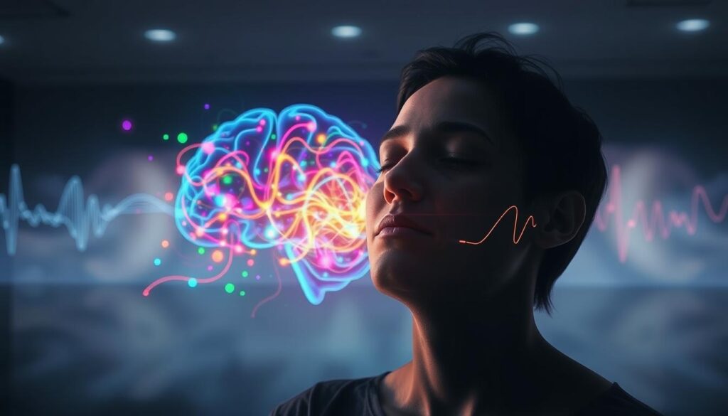 A serene scientific illustration of the hypnosis process for anxiety relief. In the foreground, a person's face in a state of deep relaxation, eyes closed, features softened. In the middle ground, colorful neural pathways and brainwave patterns swirling and converging, representing the physiological effects of hypnosis. The background depicts a tranquil, dimly lit setting with soothing colors and subtle lighting, conveying a sense of calm and introspection. The overall mood is one of therapeutic focus, mental clarity, and a deep state of mind-body harmony. A serene scientific illustration of the hypnosis process for anxiety relief. In the foreground, a person's face in a state of deep relaxation, eyes closed, features softened. In the middle ground, colorful neural pathways and brainwave patterns swirling and converging, representing the physiological effects of hypnosis. The background depicts a tranquil, dimly lit setting with soothing colors and subtle lighting, conveying a sense of calm and introspection. The overall mood is one of therapeutic focus, mental clarity, and a deep state of mind-body harmony.