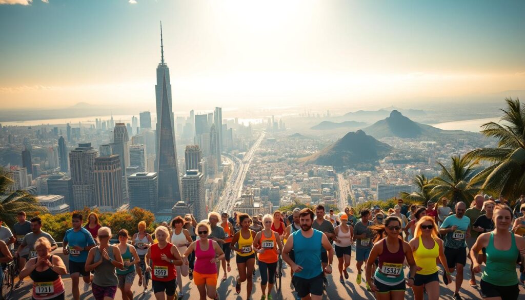 A vibrant, bustling scene depicting the global exercise phenomenon. In the foreground, a diverse group of people engaged in various physical activities - from runners stretching, to cyclists weaving through the streets, to yoga enthusiasts finding their flow. The middle ground showcases towering cityscapes, with skyscrapers and landmarks representing the world's major metropolises. In the background, a panoramic vista of breathtaking landscapes, from rolling hills to pristine beaches, all bathed in warm, golden sunlight. The overall atmosphere conveys a sense of unity, vitality, and a shared commitment to health and wellness that transcends geographical boundaries. A vibrant, bustling scene depicting the global exercise phenomenon. In the foreground, a diverse group of people engaged in various physical activities - from runners stretching, to cyclists weaving through the streets, to yoga enthusiasts finding their flow. The middle ground showcases towering cityscapes, with skyscrapers and landmarks representing the world's major metropolises. In the background, a panoramic vista of breathtaking landscapes, from rolling hills to pristine beaches, all bathed in warm, golden sunlight. The overall atmosphere conveys a sense of unity, vitality, and a shared commitment to health and wellness that transcends geographical boundaries.
